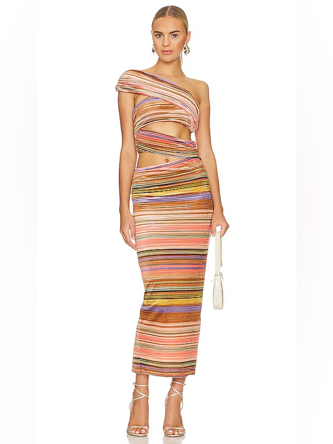 Ronny Kobo Corzo Rainbow Multi Stripe Cutout Bodycon Dress Size Large